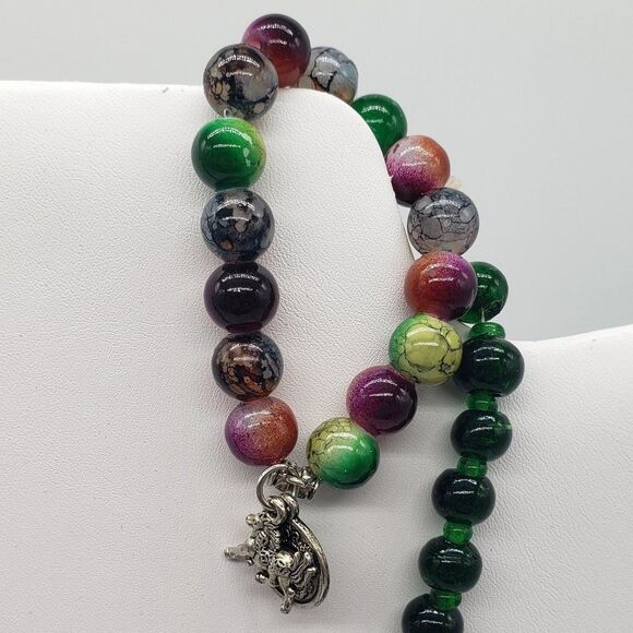 Vintage Glass Beaded Dark Green Choker Necklace and Multicoloured Charm Bracelet - Picture 8 of 10